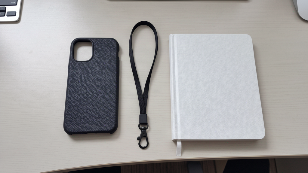 Tooled phone case, lanyard, and notebook on a sleek desk